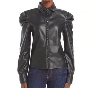 BLANKNYC Women’s Black Faux Leather Puff Sleeve button Down Shirt Medium‎ NWT
